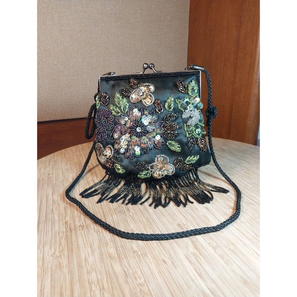 Lancome Black Multi Color Beaded Sequined Small 6" Snap Evening Bag Corded Strap - Picture 4 of 16